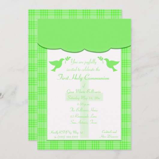 Unisex Green plaid First Holy Communion Invitation (Devant / Derrière)