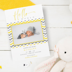 Unisex Yellow Grey Zigzag Hallo World Newborn Aankondiging