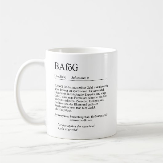 Unispruch "BAföG" Geschenk, Studenten Koffiemok (Links)