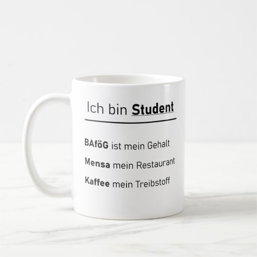 Unispruch "Ich bin Student" Geschenk, Studenten Koffiemok (Links)