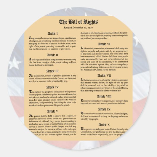 United States Bill of Rights Ronde Sticker (Voorkant)