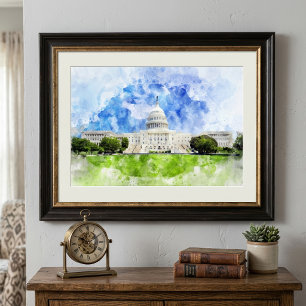United States Capitol in Washington DC Aquarel Foto Afdruk
