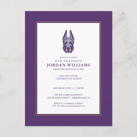 Universiteit van Albany Great Dane Mascotte Hoofd Aankondigingskaart (Voorkant)