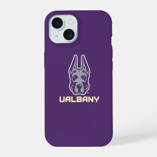 Universiteit van Albany Great Danes iPhone 15 Hoesje (Achterkant)
