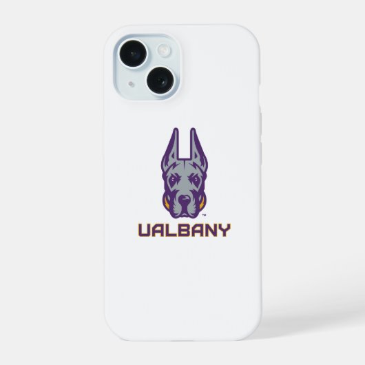 Universiteit van Albany Great Danes iPhone 15 Hoesje (Achterkant)