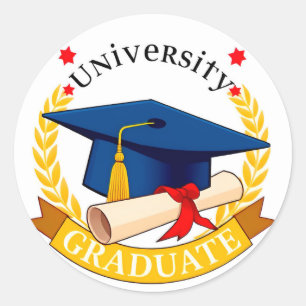 Universiteitsafstudeerembleem met baret en diploma ronde sticker