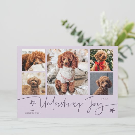 Unleashing Joy Purple Dog Multi Photo Feestdagenkaart (Staand voorkant)
