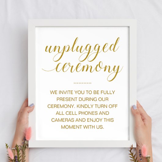 Unplugged Ceremony Elegant Gold Script Wedding Poster