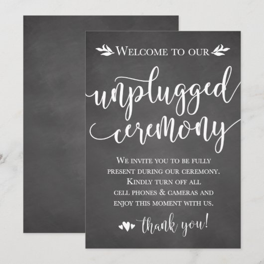 Unplugged Wedding Ceremony Sign Kaart 5x7 (Voorkant / Achterkant)