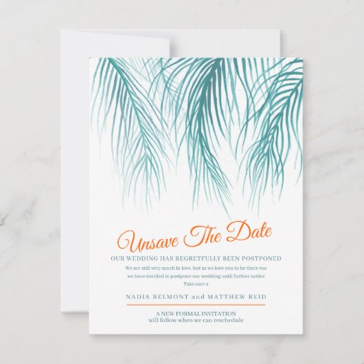 Unsave the date bruiloft change of plan blue palm save the date (Voorkant)