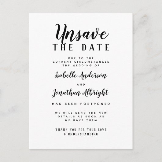 Unsave the Date Elegant Wedding Postponement Uitnodiging Briefkaart (Voorkant)