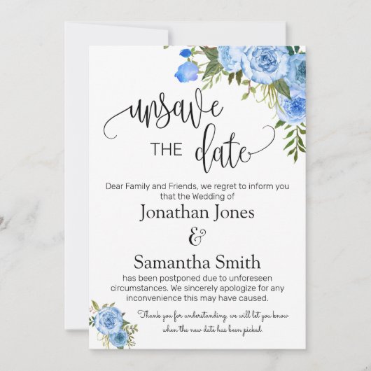 Unsave the date of datums bruiloft change blue flo kaart (Voorkant)