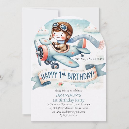 Up & Away 1st Birthday Boy Vliegtuig Kaart (Voorkant)