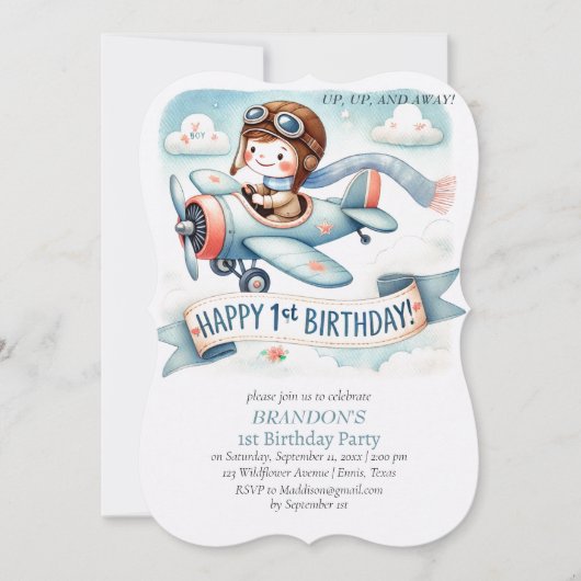 Up & Away 1st Birthday Boy Vliegtuig Kaart (Voorkant)