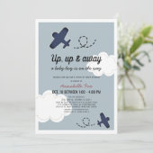 Up & Away Airplane Blue Drive-by Baby shower Kaart (Staand voorkant)