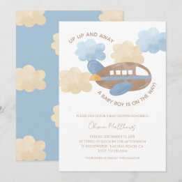Up Up and Away Watercolor Airplane Boy Baby Shower Kaart