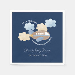 Up Up and Away Watercolor Airplane Boy Baby Shower Servet