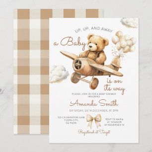 Up, Up & Away Vliegtuig Beer Baby shower Gingham Kaart