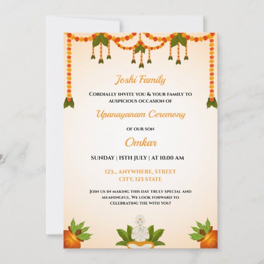 Upanayanam Ceremony Invitation Kaart, Thread Invit Kaart (Voorkant)