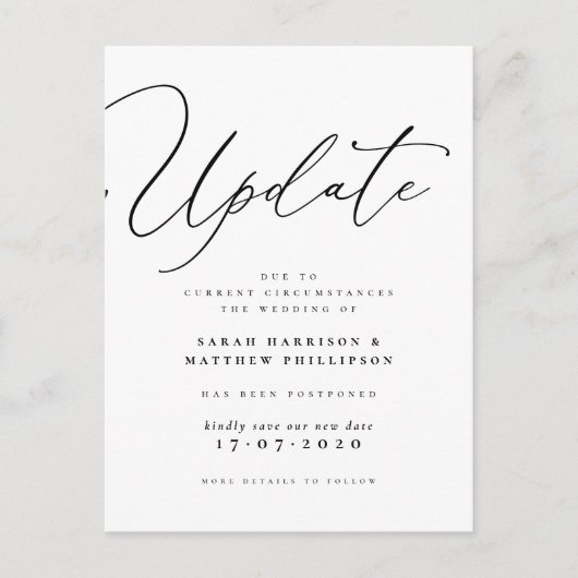 Update Script uitgestelde trouwdatum-aankondiging Uitnodiging Briefkaart (Voorkant)