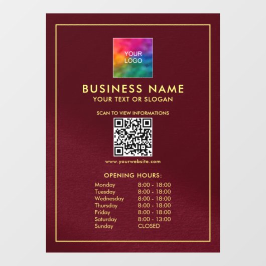 Upload uw Logo QR code Sjabloon openingstijden Raamsticker (Vel)