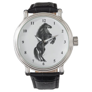 Upright Black Wild Horse - Black and White Modern Horloge