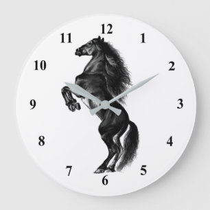 Upright Black Wild Horse - Black and White Tekenin Grote Klok
