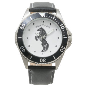 Upright Black Wild Horse - Black and White Tekenin Horloge