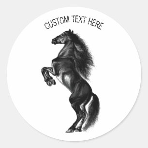 Upright Black Wild Horse - Black and White Tekenin Ronde Sticker