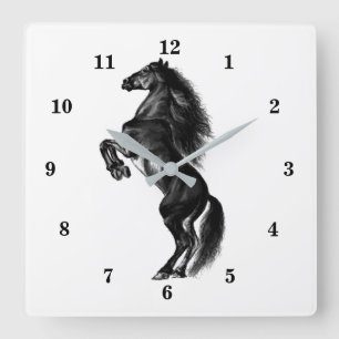 Upright Black Wild Horse - Black and White Tekenin Vierkante Klok