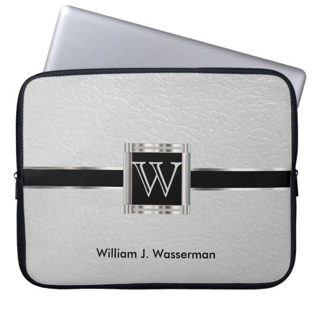 Upscale Monogram wit leder Laptop Sleeve (Voorkant)