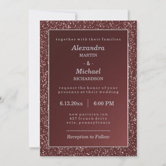 Upscale Sparkle Marsala en Faux Glitter Bruiloft Kaart (Voorkant)