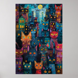 Urban Alley Cats: Levendige stadsmuurschildering Poster