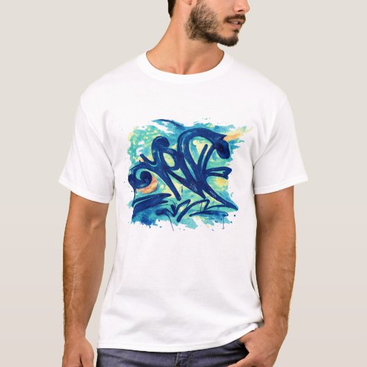 Urban Graffiti Splash – Blue & Teal Street Art T-shirt (Voorkant)