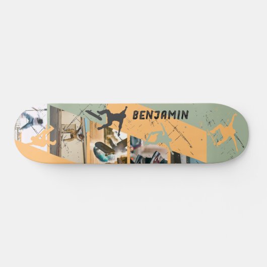 Urban Skater Photo Collage Sage Green en Tan Skateboard (Horizontaal)