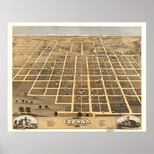 Urbana Illinois 1869 Antiek Panoramic Map Poster (Voorkant)