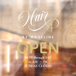 Uren van opening kapsalon Swirly Hair & Scissors Raamsticker