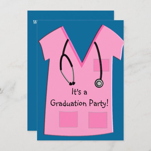 Urse Graduation Invitations Pink Scrub Top Kaart (Voorkant / Achterkant)