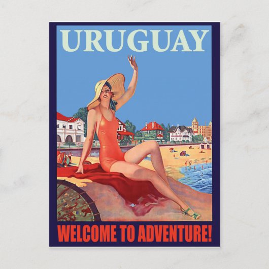 Uruguay, meisje op het strand, oud reizen briefkaart (Voorkant)