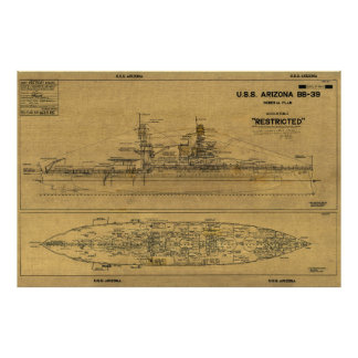 US ARIZONA Battleship Blueprint 1934 Foto Afdruk