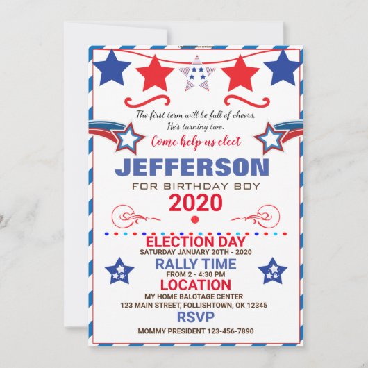 US BIRTHDAY BOY ELECTION BIRTHDAY INVITATION (Devant)
