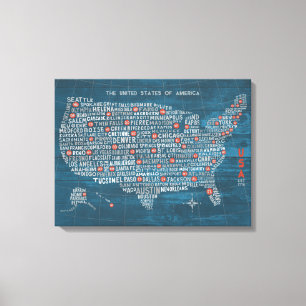 US City Map on Wood Blue Canvas Afdruk