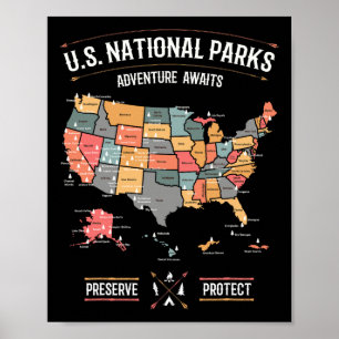US National Parks Kaart Behoud Wandelkamp Poster