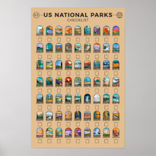 US Nationale Parken van Amerika Checklist Vintage Poster