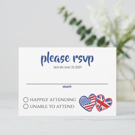 US UK Heart Flags RSVP Kaartje (Staand voorkant)