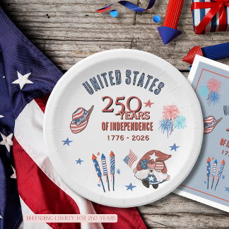 USA 250th Anniversary Patriotic Gnome Paper Plates Papieren Bordje