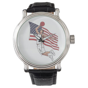 USA Basketbal Slam Dunk Amerikaanse Vlag Kleur Kun Horloge