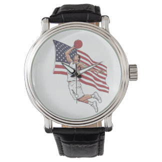 USA Basketbal Slam Dunk Amerikaanse Vlag Kleur Kun Horloge