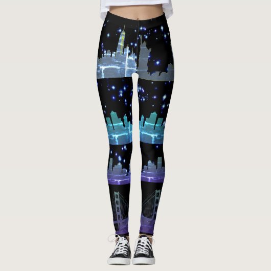 USA City Skylines Silver Nightlife met Stars Leggings (Voorkant)