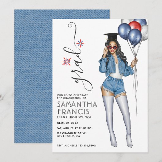 USA Denim thème Girl Graduation Party Invitation (Devant / Derrière)
